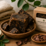 Bowl of chunky African black soap cubes with a cardboard box labeled 'African Black Soap' beside it, on a wooden table with coconut and shea butter nearby