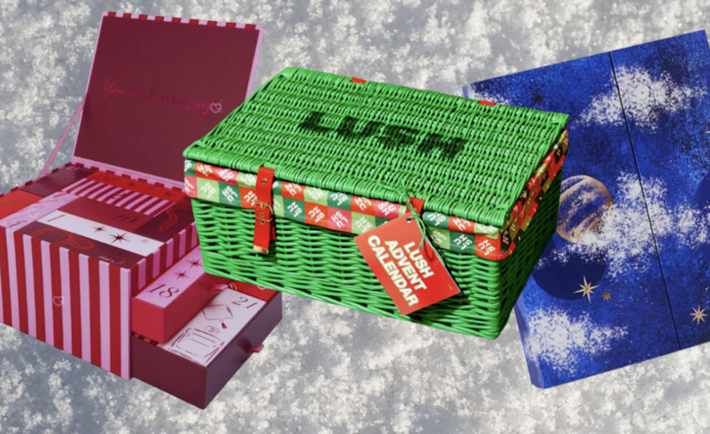 Festive beauty advent calendars for 2026, featuring a pink and red striped beauty box, a bright green Lush advent calendar hamper and a midnight-blue celestial calendar, arranged against a sparkling silver background.