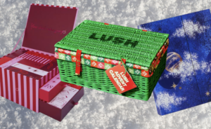 Festive beauty advent calendars for 2026, featuring a pink and red striped beauty box, a bright green Lush advent calendar hamper and a midnight-blue celestial calendar, arranged against a sparkling silver background.