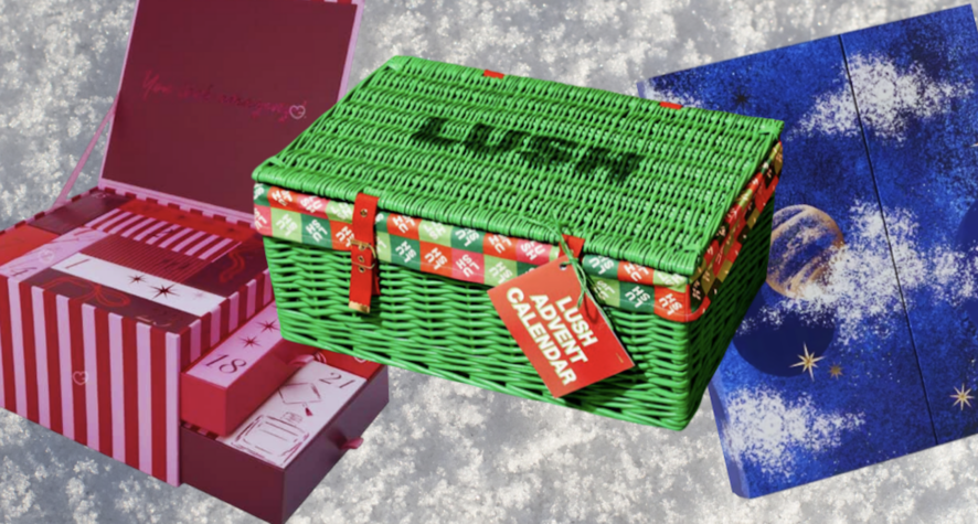 Festive beauty advent calendars for 2026, featuring a pink and red striped beauty box, a bright green Lush advent calendar hamper and a midnight-blue celestial calendar, arranged against a sparkling silver background.