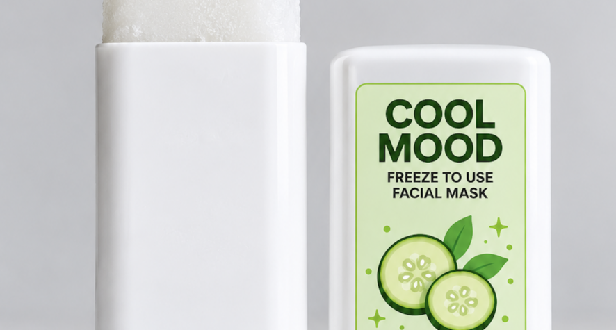 Close-up of the Cool Mood frozen cucumber facial mask in its twist-up stick packaging, showing the icy texture and green product label.