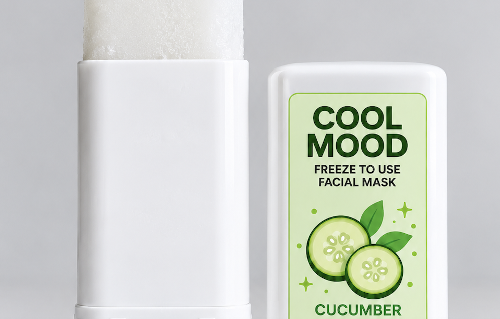 Close-up of the Cool Mood frozen cucumber facial mask in its twist-up stick packaging, showing the icy texture and green product label.