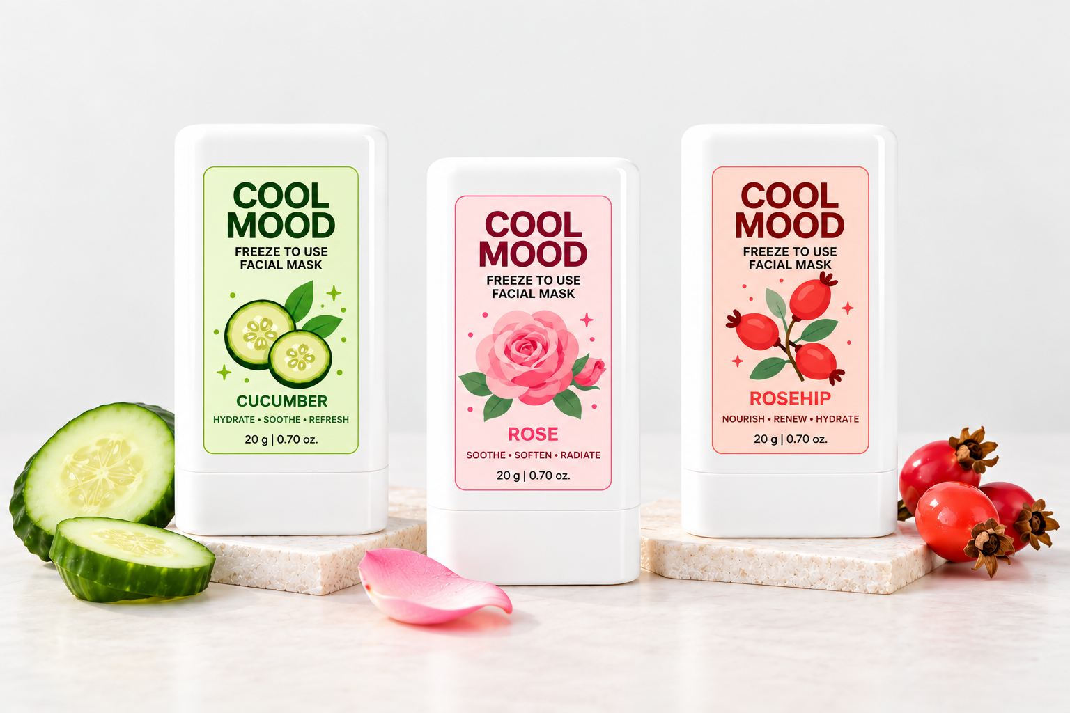 Cool Mood's three freeze-to-use facial masks in cucumber, rose and rosehip, displayed alongside fresh cucumber, rose petals and rosehips.