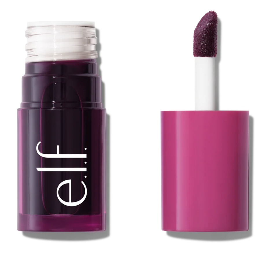 e.l.f. Sheer For It Blush Tint in Mauve Actually with its purple-coated applicator.