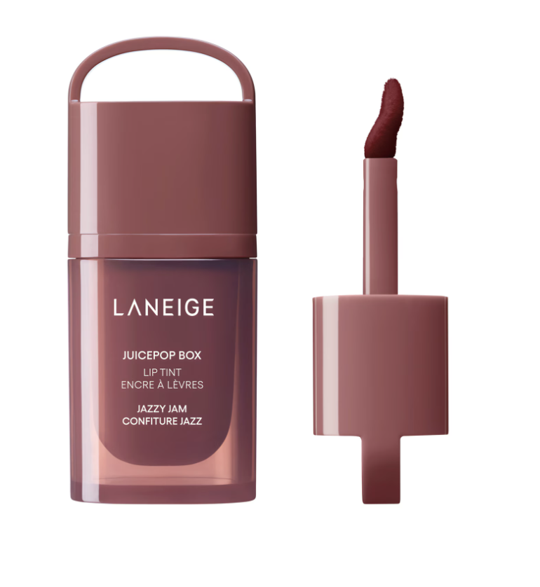 Laneige JuicePop Box Lip Tint in Jazzy Jam with its reddish-brown applicator beside the bottle.